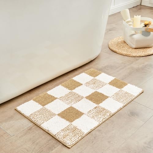CozeCube Beige Checkered Bath Mat 24"x16" Non Slip Washable Rug