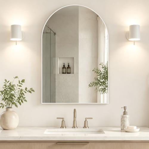 Wall Mounted Mirror, Arched Wall Mirror for Bathroom, 24"x36" Arch Bathroom Mirror with Metal Frame, White Vanity Mirror Decor for Mantle, Bedroom, Entryway, Living Room