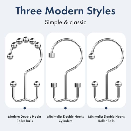 Bathway Shower Curtain Hooks Chrome Shower Curtain Rings, 12 Pcs Metal Double Hooks Rings Rust Proof for Bathroom Shower Curtain Rod