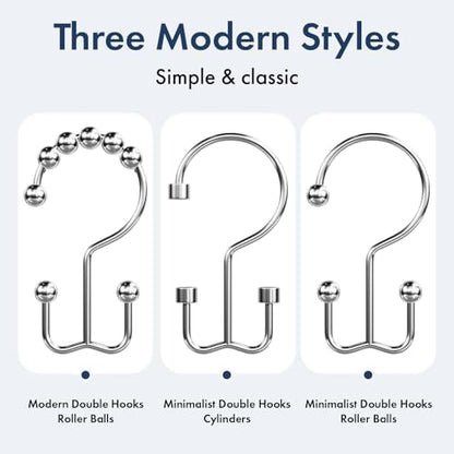 Bathway Shower Curtain Hooks Chrome Shower Curtain Rings, 12 Pcs Metal Double Hooks Rings Rust Proof for Bathroom Shower Curtain Rod
