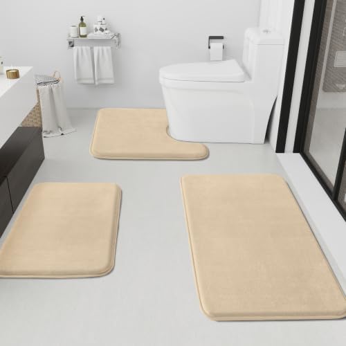 HUXMEYSON Bathroom Rugs Sets 3 Piece, Non-Slip & Quick Dry Bath Mat Set, Ultra Soft Velvet Bath Rugs for Bathroom, Toilet and Shower Floor, Light Coffee