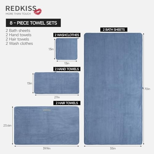 REDKISS Blue Bath Towels Set 8 Piece - Microfiber Bathroom Towels of 8 Large, Highly Absorbent Bath Towel, Soft Shower Towel for Bathroom, Hotel 2 Bath Sheet 2 Hand 2 Washcloths 2 Hair Towel Wrap