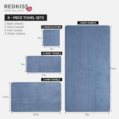 REDKISS Blue Bath Towels Set 8 Piece - Microfiber Bathroom Towels of 8 Large, Highly Absorbent Bath Towel, Soft Shower Towel for Bathroom, Hotel 2 Bath Sheet 2 Hand 2 Washcloths 2 Hair Towel Wrap