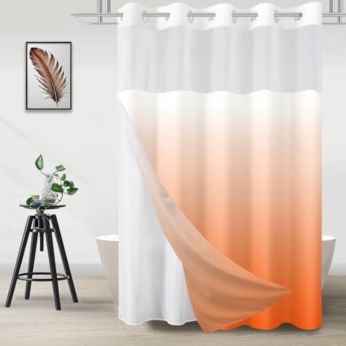 No Hook Shower Curtain and Liner Set for Bathroom, Ombre Orange, 71" x 74"