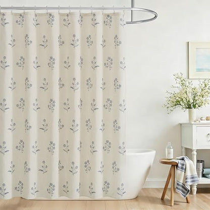 ORTIGIA Blue Floral Linen Shower Curtain 72 W x 84 L Farmhouse Vintage Long Shower Curtains Boho Rustic Block Print Cottagecore Decor for Bathroom