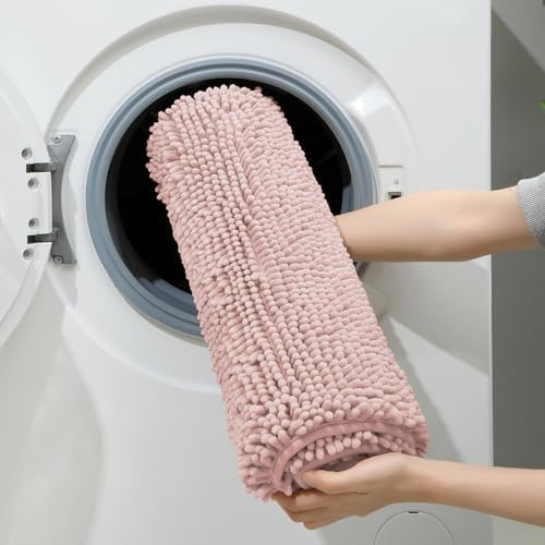 HOMEIDEAS Dusty Pink Chenille Bathroom Rugs Set of 3, Non Slip Bath Mat