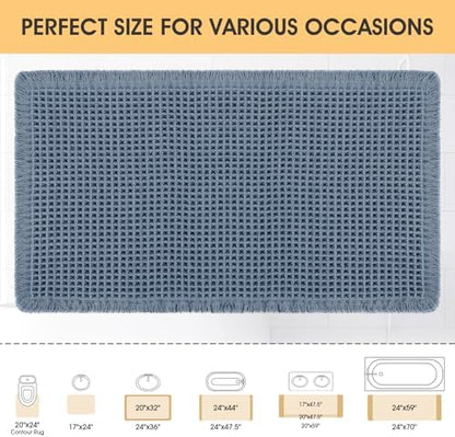 IM HOME Waffle Bath Mat Blue 32"x20", Boho Woven Modern Bath Mat Rugs, Absorbent Non Slip Bathroom Rugs, Soft Washable Bath Rugs with Tassels for Bedroom, Kitchen, Shower, Tub