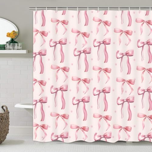 AZHM 4pcs Polka-Dot Bow Bathroom Shower Curtain Set with Rugs and Hooks