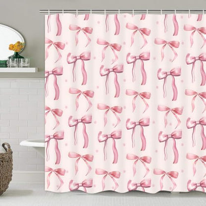 AZHM 4pcs Polka-Dot Bow Bathroom Shower Curtain Set with Rugs and Hooks