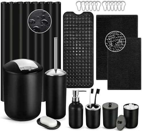 Black Bathroom Accessories Set, 23Pcs Bath Accessory Sets Complete with Bathtub Mat, Shower Curtain Set with Hooks, Soap Dispenser, Toothbrush Holder, Qtip Holder, Trash Can, Toilet Brush