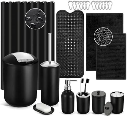 Black Bathroom Accessories Set, 23Pcs Bath Accessory Sets Complete with Bathtub Mat, Shower Curtain Set with Hooks, Soap Dispenser, Toothbrush Holder, Qtip Holder, Trash Can, Toilet Brush