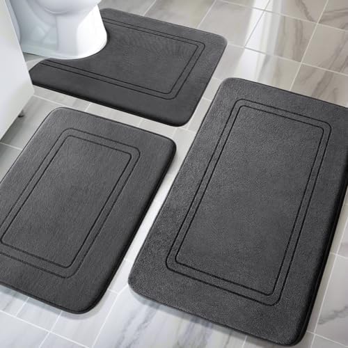YIHOUSE Memory Foam Bath Mat Set, Non Slip Bath Mats for Bathroom, Super Soft and Water Absorbent Bath Rug Set, Machine Washable U Shape Toilet Mats, Dark Grey
