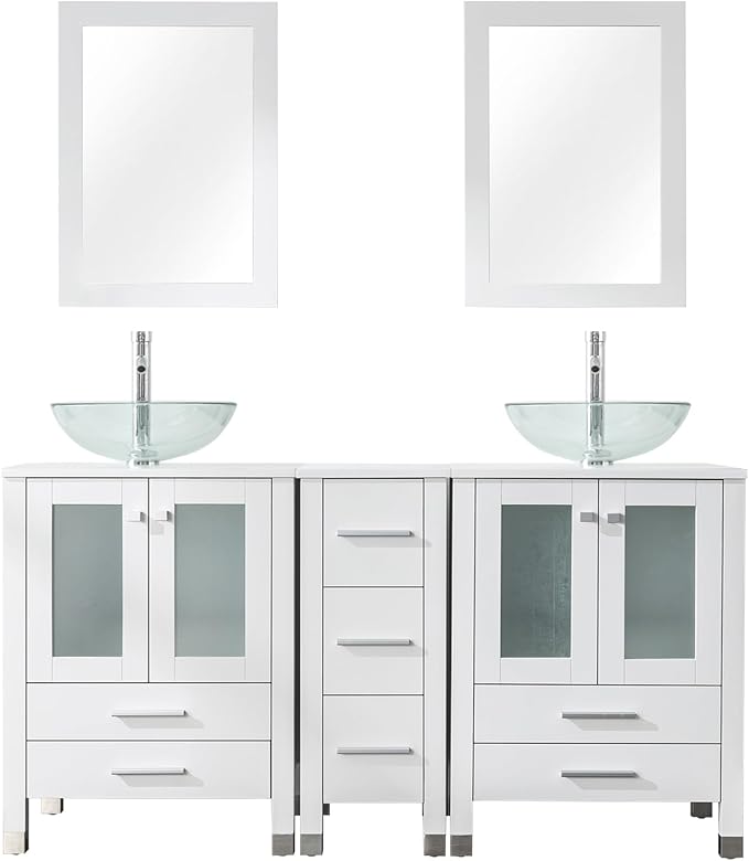 LUCKWIND 60" Double 24" Bathroom Vanity with Sink Combo, Elegant Series with One 12.6-in Side Cabinet, Painted Frame, Including Transparent Round Sinks, Faucets Without Mirrors, White