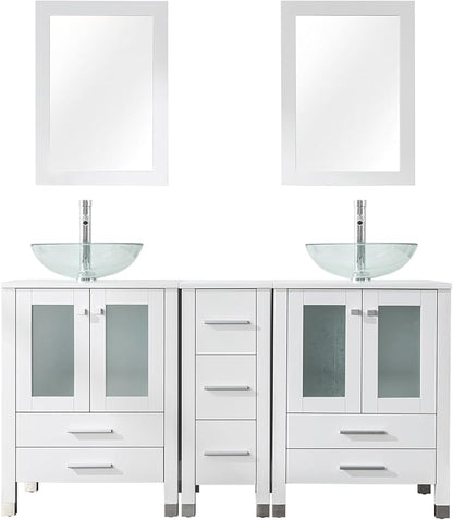 LUCKWIND 60" Double 24" Bathroom Vanity with Sink Combo, Elegant Series with One 12.6-in Side Cabinet, Painted Frame, Including Transparent Round Sinks, Faucets Without Mirrors, White