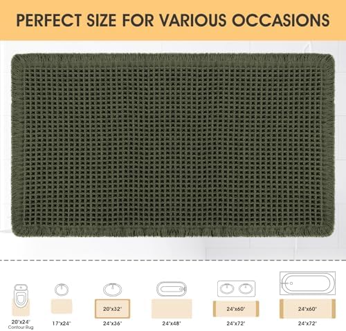 IM HOME Waffle Bath Mat Dark Green 32"x20", Boho Woven Modern Bath Mat Rugs, Absorbent Non Slip Bathroom Rugs, Soft Washable Bath Rugs with Tassels for Bedroom, Kitchen, Shower, Tub