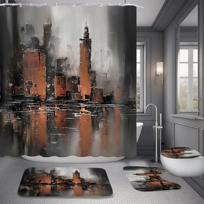 Yddsky 4 Pcs Brown Abstract Shower Curtain Set with Rugs Bathroom Set
