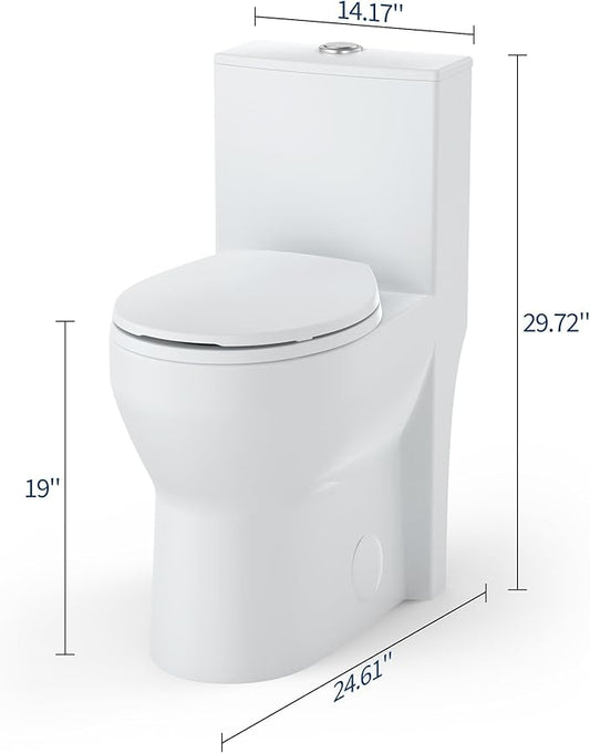 One Piece Toilet with 19" ADA Height, Round Bowl Design, Soft Closing PP Toilet Cover, Easy Clean Surface, Water Efficient Flush