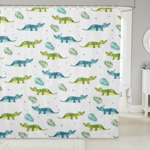 Feelyou Alligator Decor Fabric Shower Curtains Cartoon Australian Crocodile Shower Curtain for Kids Boys Girls Palm Leaves Bathroom Waterproof Accessories with Hooks Cute Wild Animal,72x84 Inches