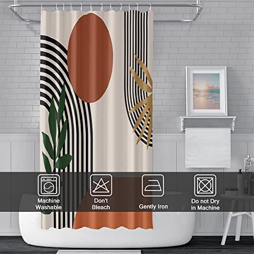 Mid Century Boho Shower Curtain, Abstract Minimalist Sunrise Fabric Shower Curtain Set Orange Waterproof Polyester Morden Abstract Leaves and Arch Bathroom Curtain Set with Hooks, 72x72 Inch