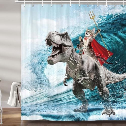 Funny Cat Shower Curtain, Cool Cat Dinosaur Japanese Ocean Wave Shower Curtain, Cat Riding Dinosaur Fun Shower Curtain Nautical Kids Children Rustic Wooden Farmhouse Shower Curtain, 72X72inch, Blue