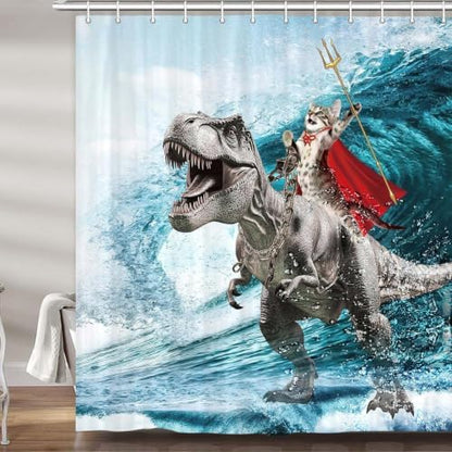 Funny Cat Shower Curtain, Cool Cat Dinosaur Japanese Ocean Wave Shower Curtain, Cat Riding Dinosaur Fun Shower Curtain Nautical Kids Children Rustic Wooden Farmhouse Shower Curtain, 72X72inch, Blue