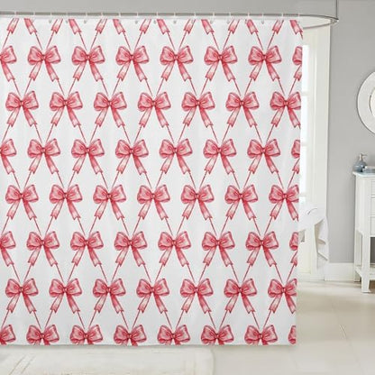 jejeloiu Red Bow Shower Curtain 72"x84" Cute Bowknot Bath Curtain Boys Girls Bow and Stripes Bathroom Shower Curtain Set for Kids Women Men Kawaii Kids Bathroom Accessories