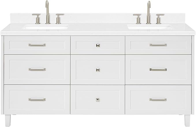 ARIEL Monroe 72-inch Bathroom Vanity with Sink,Solid Wood, 1.5-inch Carrara White Quartz Countertop & Backsplash, Double Oval Porcelain Sink, 9 Dovetail Drawers, Brushed Nickel, White