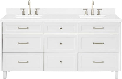 ARIEL Monroe 72-inch Bathroom Vanity with Sink,Solid Wood, 1.5-inch Carrara White Quartz Countertop & Backsplash, Double Oval Porcelain Sink, 9 Dovetail Drawers, Brushed Nickel, White