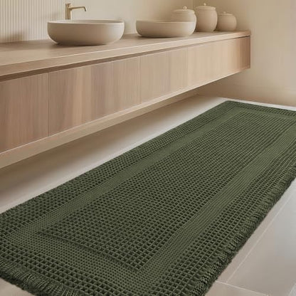 Extra Large Waffle Bath Mat, Boho Woven Modern Bath Rug Absorbent Non Slip, Ultra Soft Bathroom Mats, Machine Washable Knit Bath Rugs with Tassels for Bathroom, Bedroom, Kitchen, 5'x2', Dark Green