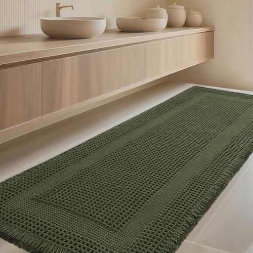 Extra Large Waffle Bath Mat, Boho Woven Modern Bath Rug Absorbent Non Slip, Ultra Soft Bathroom Mats, Machine Washable Knit Bath Rugs with Tassels for Bathroom, Bedroom, Kitchen, 6'x2', Dark Green
