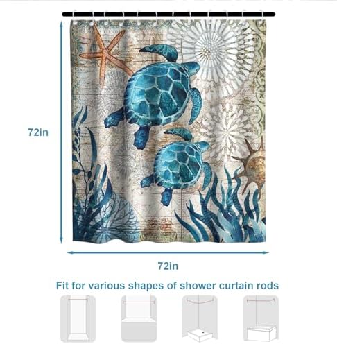 Nautical Green Sea Turtles Beach Theme Fabric Shower Curtain Sets Bathroom Blue Ocean Decor with Grommets and Hooks - 72 x 72 Inch Teal (Pack of 2)