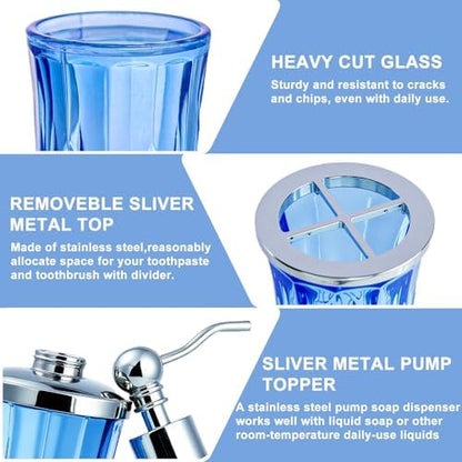 Blue Bathroom Accessories, Round Thick Glass & Metal Pump