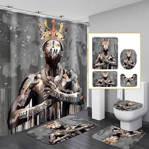 Black King Shower Curtain Set with Hooks, Powerful African American Praying Man Shower Curtains with Rugs Toilet Lid Cover Bath Mat, Cool Black Man Waterproof Bathroom Decor Shower Curtain Sets