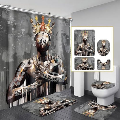 Black King Shower Curtain Set with Hooks, Powerful African American Praying Man Shower Curtains with Rugs Toilet Lid Cover Bath Mat, Cool Black Man Waterproof Bathroom Decor Shower Curtain Sets