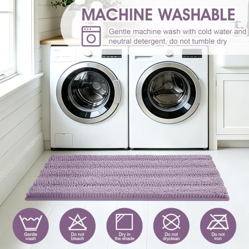 ACCUMTEK Striped Lavender Bathroom Rug Mat Set 2 piece 32"x20"+24"x17" Ultra Soft, Non Slip Chenille Bath Rugs, Absorbent Plush Shaggy Bath Mats for Bathroom, Bedroom, Kitchen, Shower, Tub