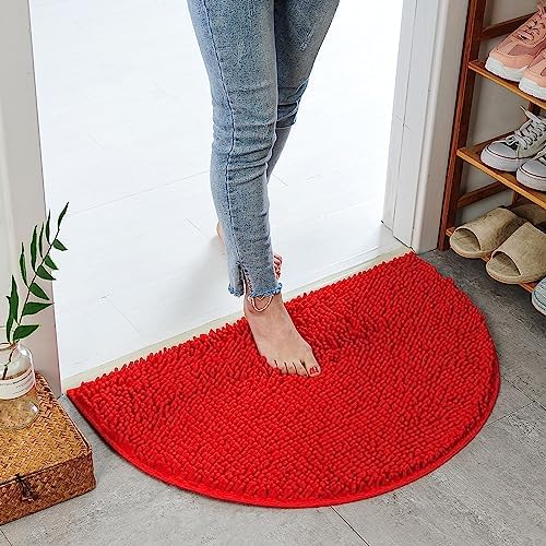 Half Round Bath Mat Red Bathroom Rugs Semicircle Chenille Bath Rugs Water Absorbent Floor Mats for Kids Washable Bathroom Shower Mat Area Rugs (19.2" x 31.1")