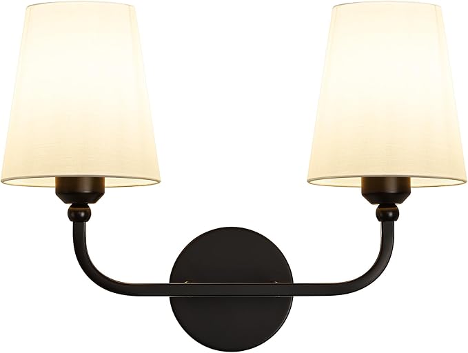 Bathroom Vanity Light, Matte Black Bathroom Lighting Fixtures Over Mirror | 2-Light Bathroom Light Fixtures with Flared White Fabric Shade, E26 Socket (ETL Listed)