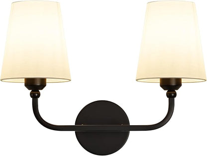 Bathroom Vanity Light, Matte Black Bathroom Lighting Fixtures Over Mirror | 2-Light Bathroom Light Fixtures with Flared White Fabric Shade, E26 Socket (ETL Listed)