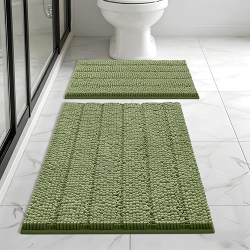Bcoimo Bath Rugs Mat Set,2 Piece Non Slip Chenille Sage Bathroom Mat Sets