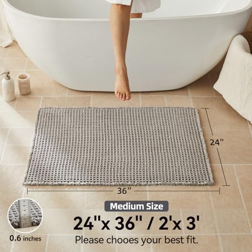 Triohero Waffle Bath Mat, Boho Bathroom Rugs Non Slip, 24x36 Light Grey