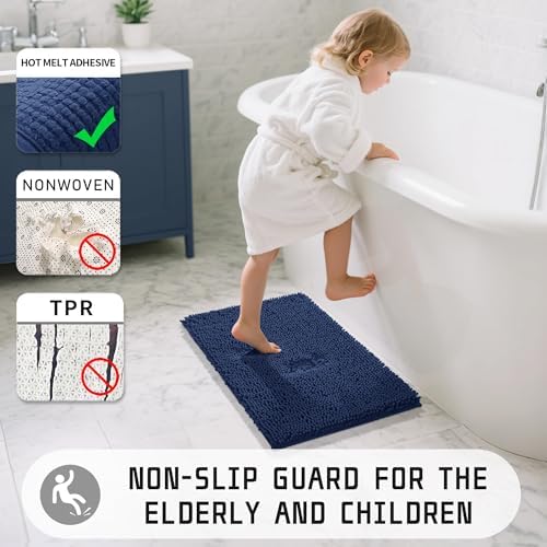 Yimobra Long Bathroom Rugs 44"x24", Extra Soft Non Slip Bath Mat for Tub, Super Absorbent Quick Dry Shaggy Rug Floor Carpet, Machine Washable,Navy Blue