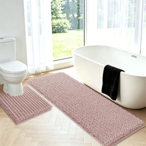 Upgrade Luxury 2 Piece Dusty Pink Toilet Bathroom Rug Mat U Shape 24"x20"+48"x20", Ultra Soft Thick Absorbent Bath Mats, Non Slip Chenille Toilet Mat for Bathroom, Bedroom, Kitchen, Shower, Tub