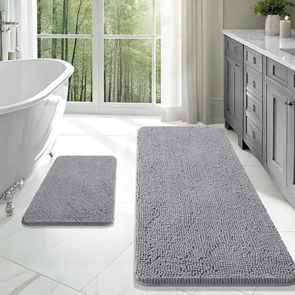 OLANLY Chenille Bathroom Rugs Mats Sets 2 Piece, 47"x20"+24"x16", Grey