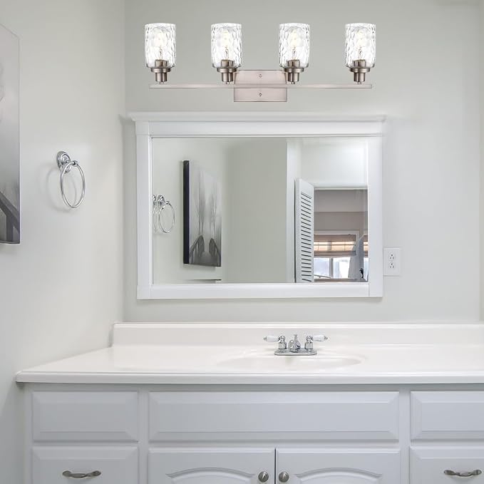 MELUCEE Brushed Nickel Bathroom Vanity Light with Clear Hammered Glass | 4-Light Wall Light Fixtures Modern Wall Lamp for Powder Room Bedroom Porch (Patent No.: US D963914 S)