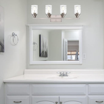 MELUCEE Brushed Nickel Bathroom Vanity Light with Clear Hammered Glass | 4-Light Wall Light Fixtures Modern Wall Lamp for Powder Room Bedroom Porch (Patent No.: US D963914 S)