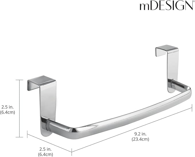 mDesign Steel Metal Wire Over Cabinet Towel Rack Storage Organizer - Hang on Cabinet or Door - Towel Bar Holder for Kitchen - Holds Hand Towels, Washcloths - Spira Collection - Chrome