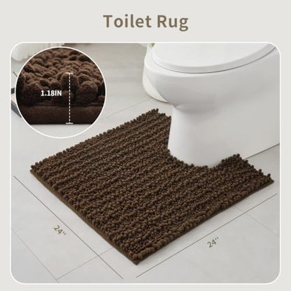 Brown Toilet Rugs U Shaped Washable, 24x24 Contour Bath Rugs for Toilet, Luxury Ultra Soft Chenille U-Shaped Toilet Rug, Non Slip Absorbent Machine Washable Bathroom Mat for Toile