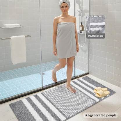 BSICPRO Bathroom Rugs Sets 2 Piece, Non Slip Striped Bath Mats, Light Grey