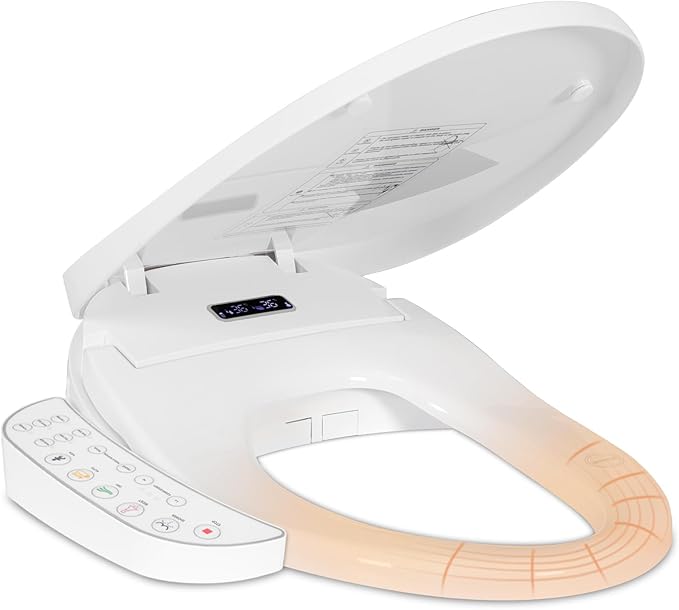 Smart Heated Toilet Seat for Elongated V-Shaped Toilets – Bidet Warm Water Wash, Self-Cleaning Nozzle, Warm Air Dryer, Deodorizer, Soft-Close Lid, LED Night Light & Touch Panel, Easy Install