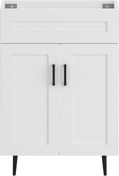 24 Inch Bathroom Vanity, Freestanding Wooden Bathroom Vanity with 2 Doors and Metal Legs, Bathroom Cabinet Vanity Without Ceramic Sink (White Without Sink, 24")